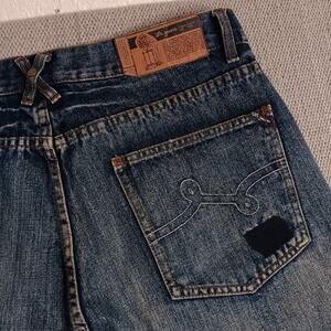 Lrg Geans Make Jeans Not War 38X34 Blue Fade Distressed Patched Splatter Baggy